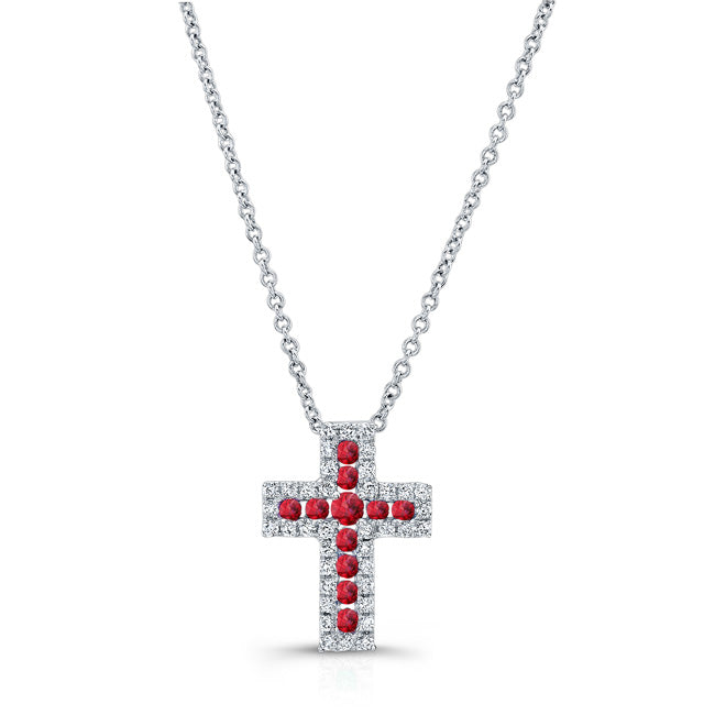 NATURAL COLOR WHITE GOLD RUBY CROSS DIAMOND  PENDANT