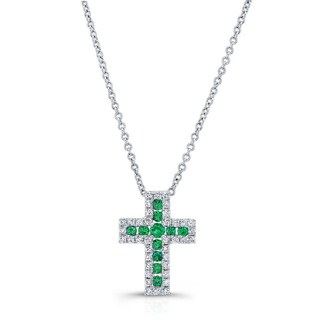 NATURAL COLOR WHITE GOLD EMERALD CROSS DIAMOND PENDANT