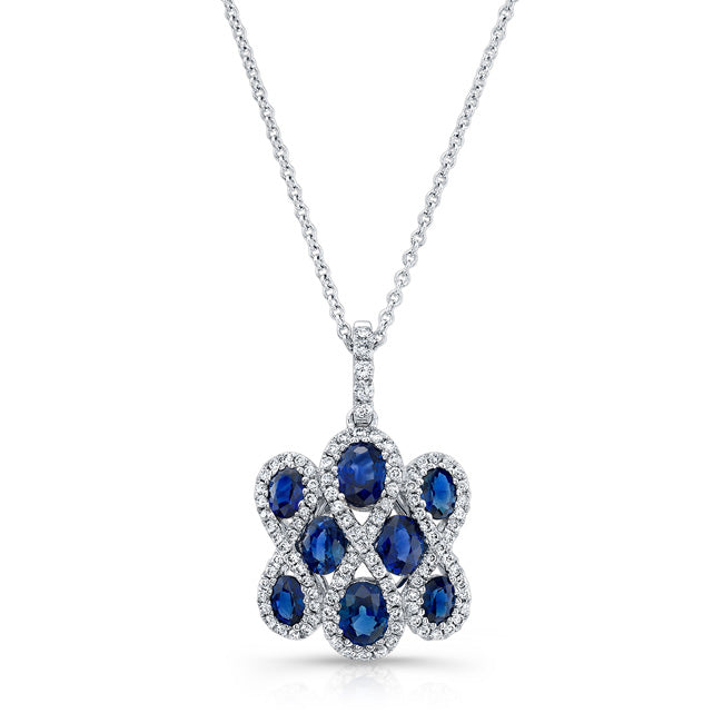 NATURAL COLOR WHITE GOLD CLASSIC SAPPHIRE FLOWER DIAMOND PENDANT