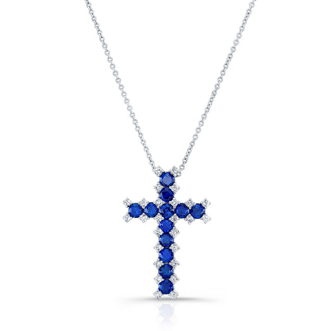 NATURAL COLOR WHITE GOLD SAPPHIRE CROSS DIAMOND  PENDANT