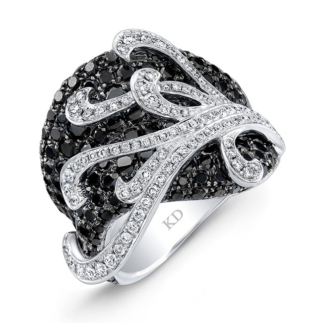 WHITE GOLD INSPIRED FASHION BLACK AND WHITE DIAMOND RING