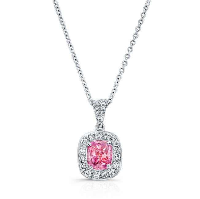 WHITE GOLD CLASSIC PINK ENHANCED CUSHION DIAMOND PENDANT