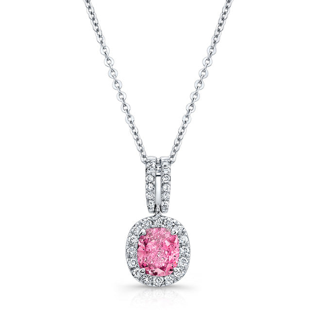 WHITE GOLD ELEGANT PINK ENHANCED CUSHION DIAMOND PENDANT