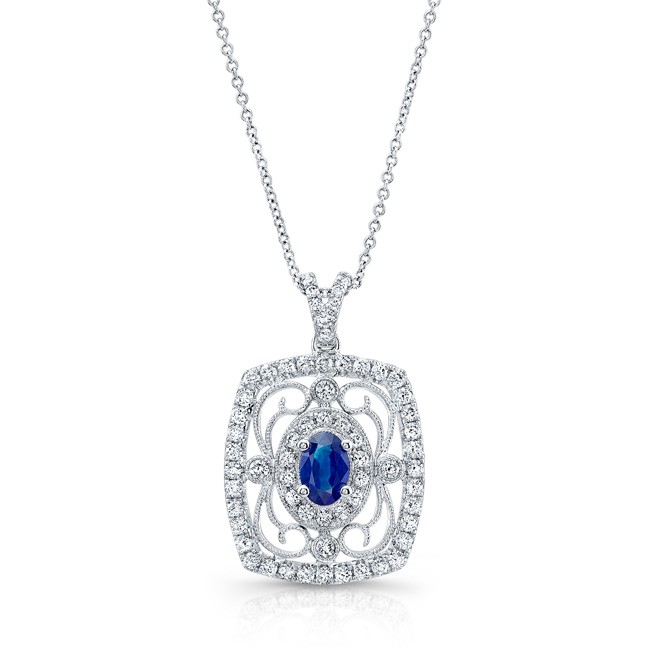 NATURAL COLOR WHITE GOLD VINTAGE SAPPHIRE DIAMOND PENDANT