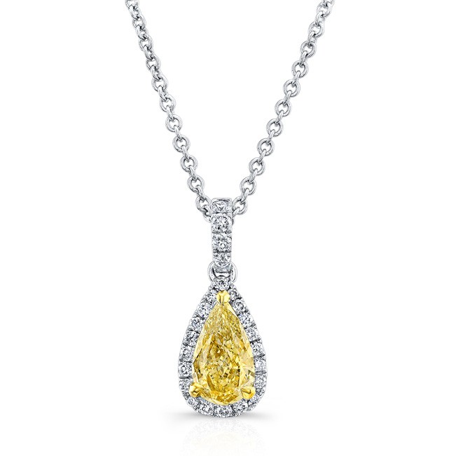 WHITE AND YELLOW GOLD TEAR DROP FANCY YELLOW DIAMOND PENDANT - JEWELRY