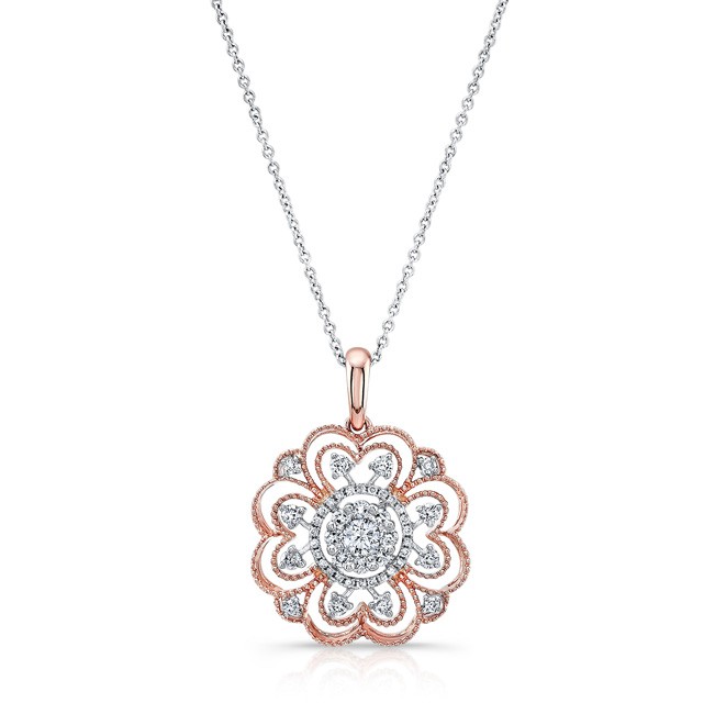 WHITE & ROSE GOLD INSPIRED VINTAGE FLOWER WHITE DIAMOND PENDANT